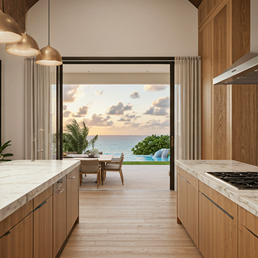 Modern luxury kitchen interior with Caribbean ocean view