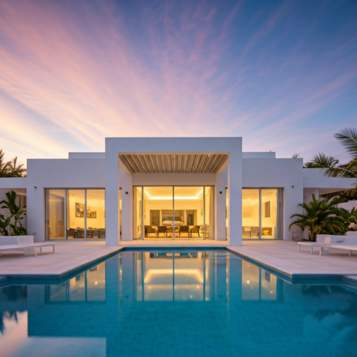 Contemporary luxury villa in Bonaire at sunset with infinity pool