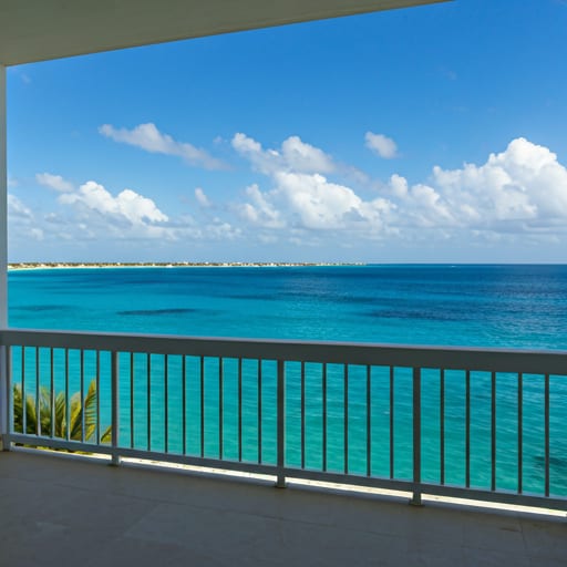 Modern villa balcony overlooking the Caribbean sea