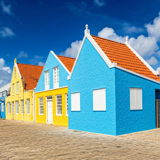 Colourful Dutch colonial buildings along the waterfront in Kralendijk, Bonaire