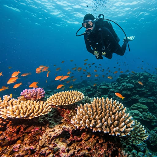Scuba diver exploring coral reef